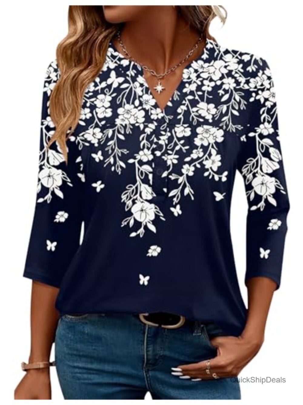 Womens 3/4 Sleeve V Neck Button Down Tunic Blouse Pleated Casual Top